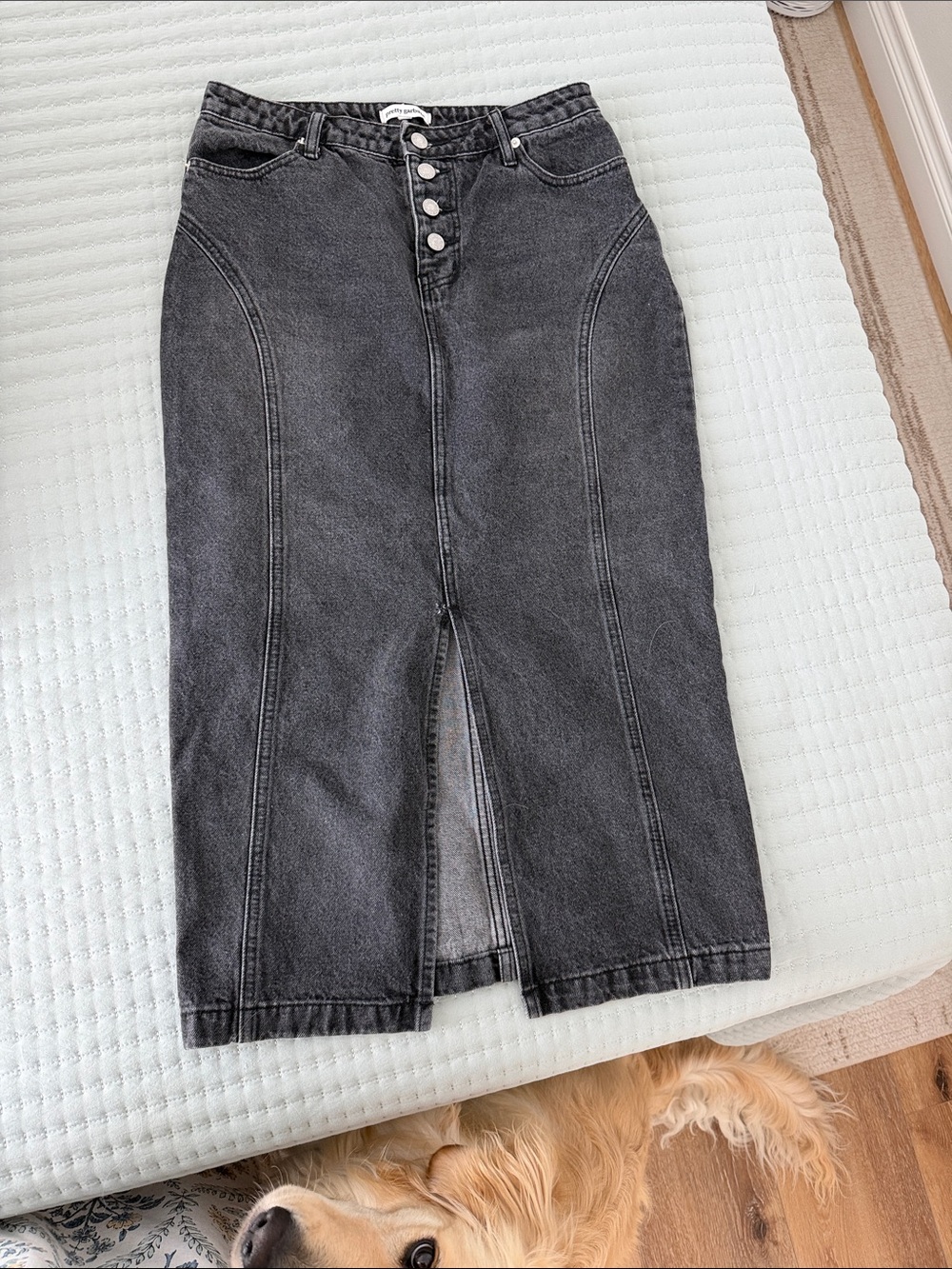 Washed Black High-Rise Denim Midi Skirt with Front Slit